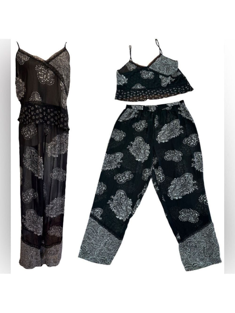 90s 2PC DELICATES BOHO SHEER BLK & CREAM PAISLEY CROP TOP & WIDE LEG PANT SZ XL - Picture 2 of 16